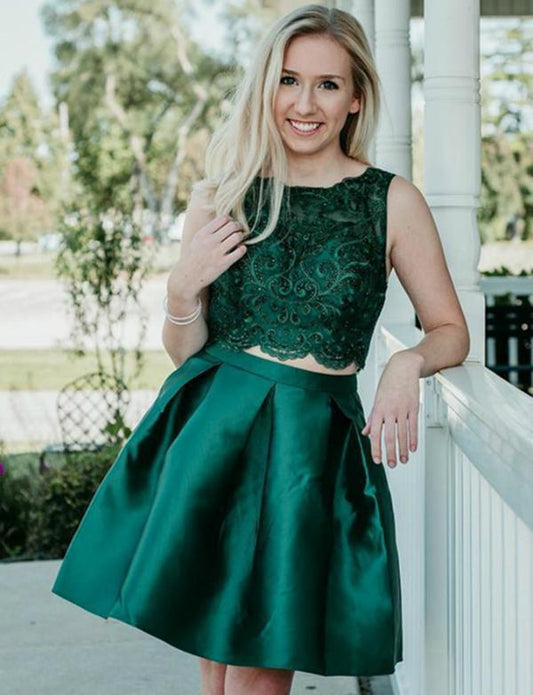 Two Piece Dark Green With Beading Averi Satin Homecoming Dresses CD543