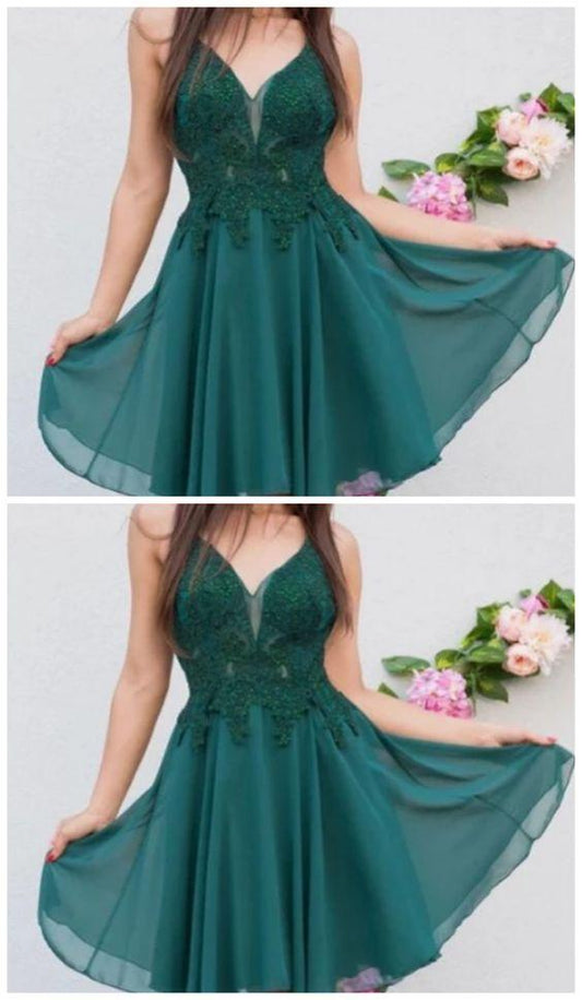 V Neck Short Green V Neck Short Dresses Homecoming Dresses Lace Carlie A Line DH5447