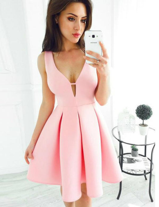 Sleeveless Pink Satin Cocktail Michaela Homecoming Dresses Deep V-Neck Dress CD546