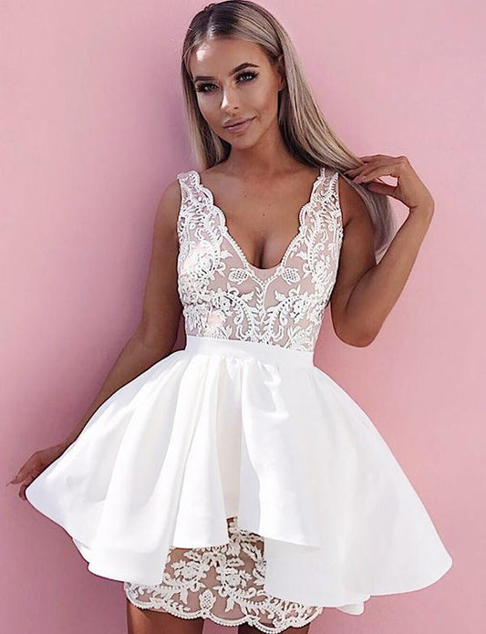 A-Line Deep V-Neck White Dress Willa Cocktail Homecoming Dresses Satin With Appliques CD558