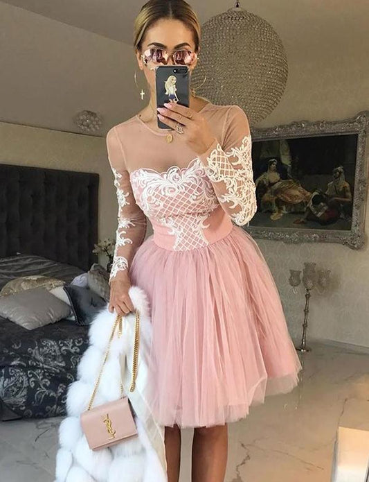 A-Line Jewel Long Sleeves Tulle Dress With Homecoming Dresses Cocktail Pink Erin Appliques CD559