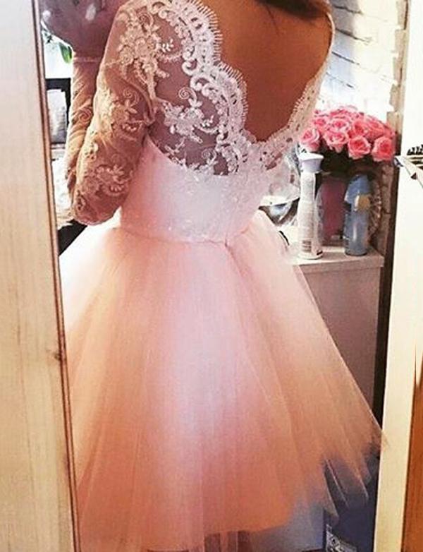 A-Line Square Long Sleeves Tulle Homecoming Dresses Lace Pink Kali Cocktail Dress With CD562