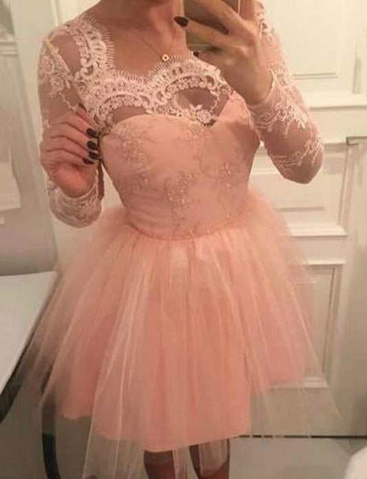 A-Line Square Long Sleeves Tulle Homecoming Dresses Lace Pink Kali Cocktail Dress With CD562