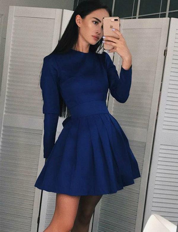 Fashion A-Line Jewel Long Sleeves Homecoming Dresses Lara Navy Blue Short CD565