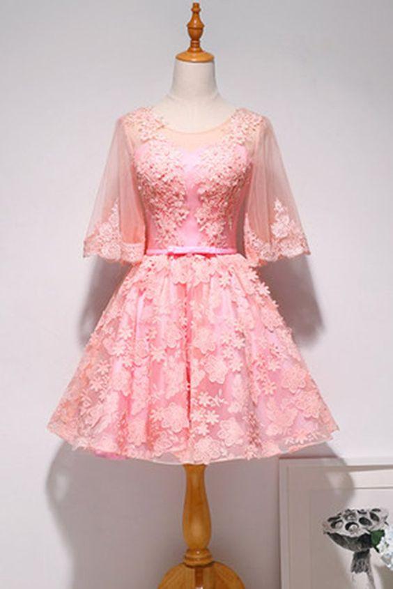 Round Neck Short Party Dress With Mid Sleeve Lace Tiara Pink Homecoming Dresses CD5682