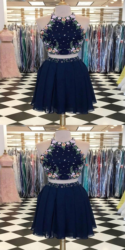 Sexy Navy Blue Short With Halter Neckline Affordable Pauline Homecoming Dresses Two Pieces CD590