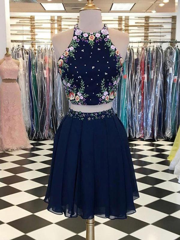 Sexy Navy Blue Short With Halter Neckline Affordable Pauline Homecoming Dresses Two Pieces CD590