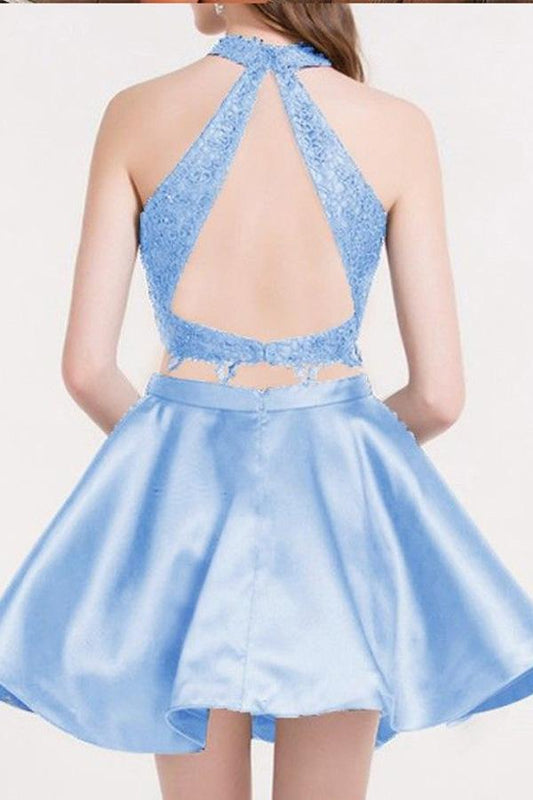 Skye Blue Two Piece Halter Homecoming Dresses Jolie A Line Sleeveless Keyhole Back Appliques Short DH61