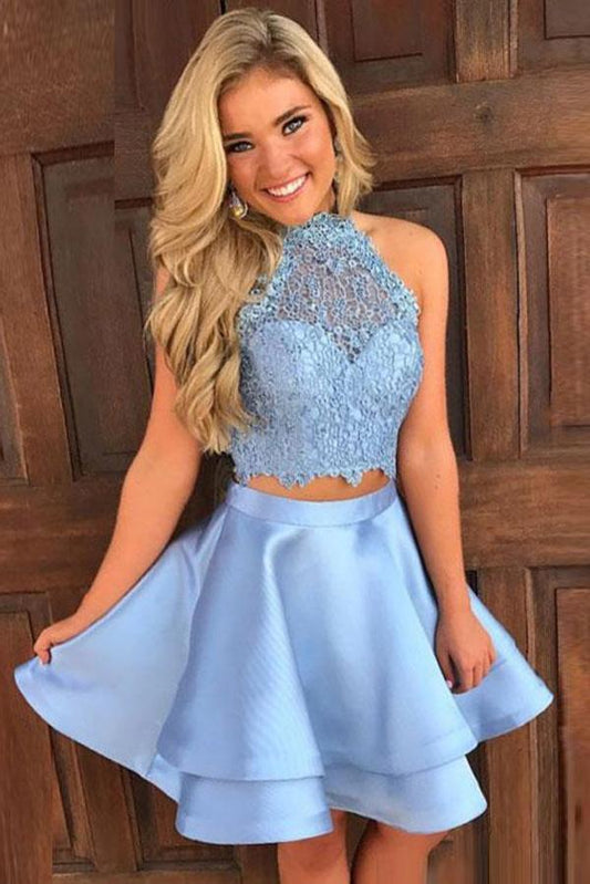 Skye Blue Two Piece Halter Homecoming Dresses Jolie A Line Sleeveless Keyhole Back Appliques Short DH61