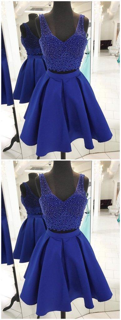 V Homecoming Dresses Royal Blue Lynn Neck Beaded Two Piece CD65