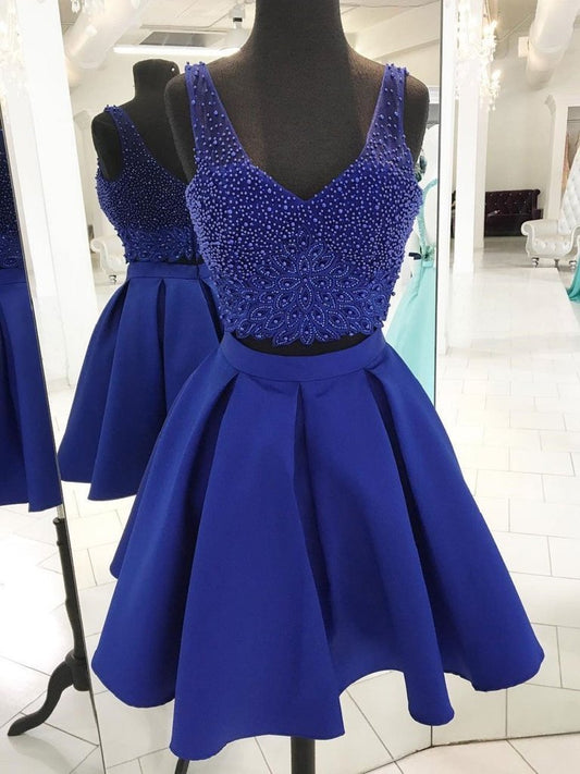 V Homecoming Dresses Royal Blue Lynn Neck Beaded Two Piece CD65