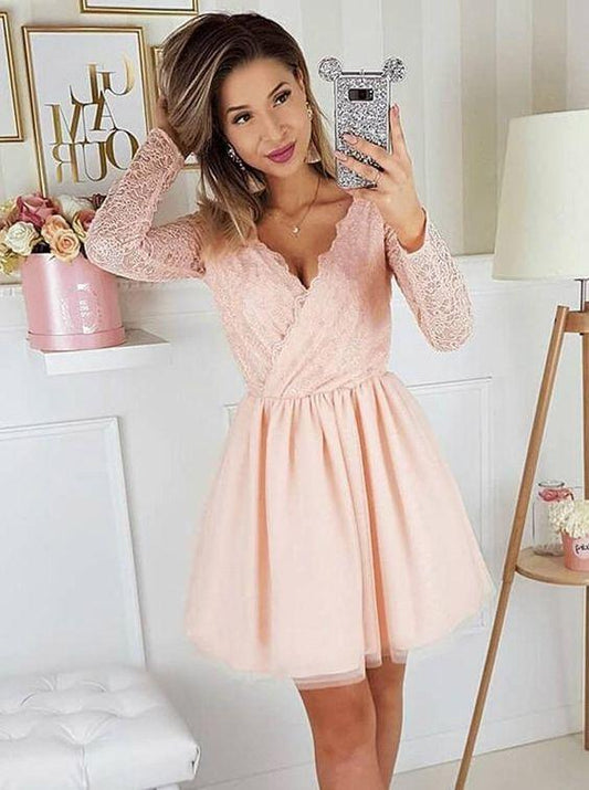 Ball Gown Dresses A-Line V-Neck Long Pink Lace Kaelyn Homecoming Dresses Sleeves Party Dress With DH6651