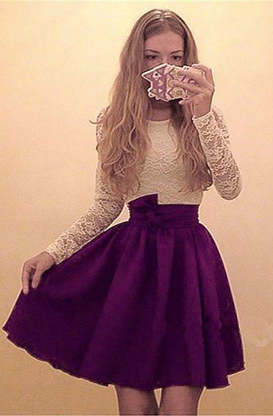 A-Line Hedda Chiffon Lace Homecoming Dresses Round Neck Long Sleeves Purple Short With CD6667