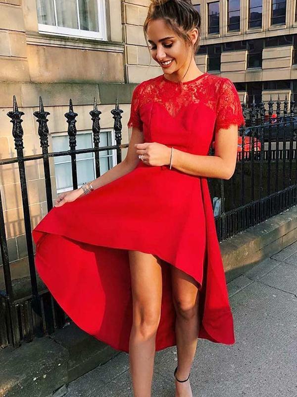 Lace Homecoming Dresses Lea A-Line Round Neck Short Sleeves Red High Low With DH667