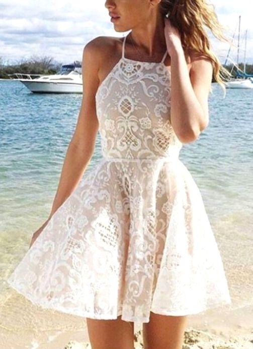 A-Line Halter Short Dress Party Dress Simple Reyna Homecoming Dresses Ivory Lace Popular DH67