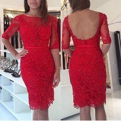 Half Sleeve Lace Homecoming Dresses Belen Short With Beaded Red Evening Dress Knee Length Gown DH6749