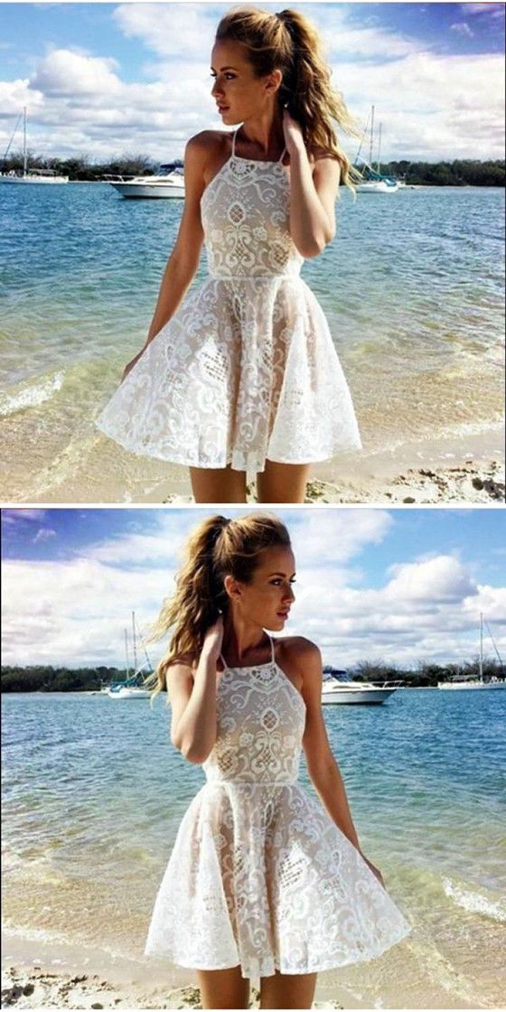 A-Line Halter Short Dress Party Dress Simple Reyna Homecoming Dresses Ivory Lace Popular DH67