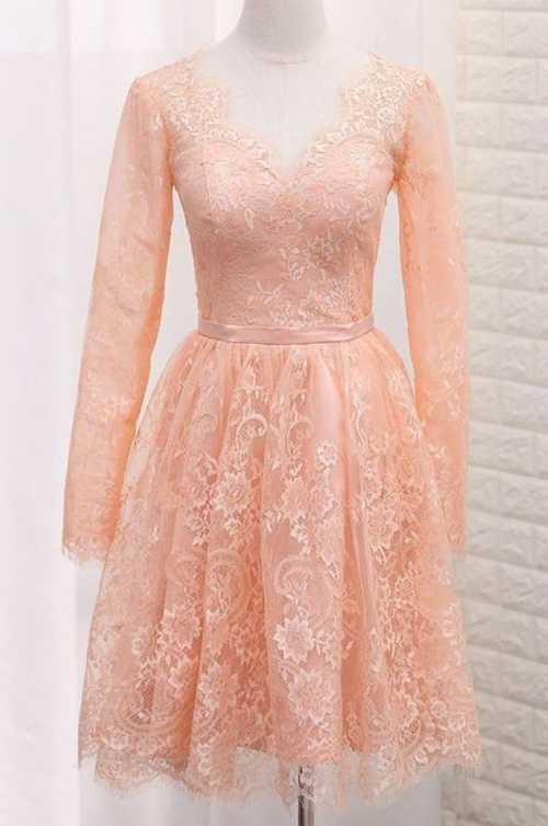 Kinley Lace A Line Homecoming Dresses V Neck Long Sleeves With Sash CD6952