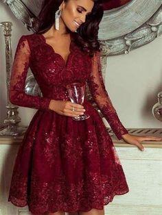 Long Sleeves Burgundy Formal Evening Graduation Dresses Homecoming Dresses Lace Tess CD7541