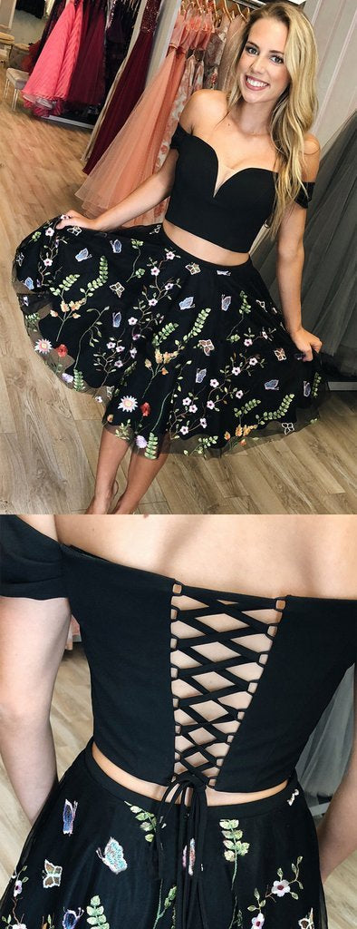 Black Two Piece Off Shoulder Embroidery Polly Homecoming Dresses CD759