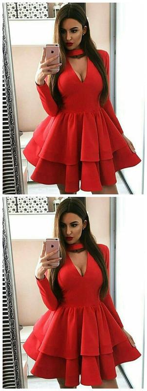 A-Line Long Sleeve Red With Homecoming Dresses Gracie Ruffles CD768