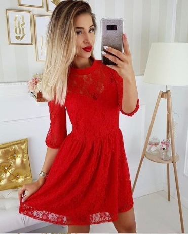 A-Line Round Neck 3/4 Beryl Homecoming Dresses Lace Sleeves Red Short CD770