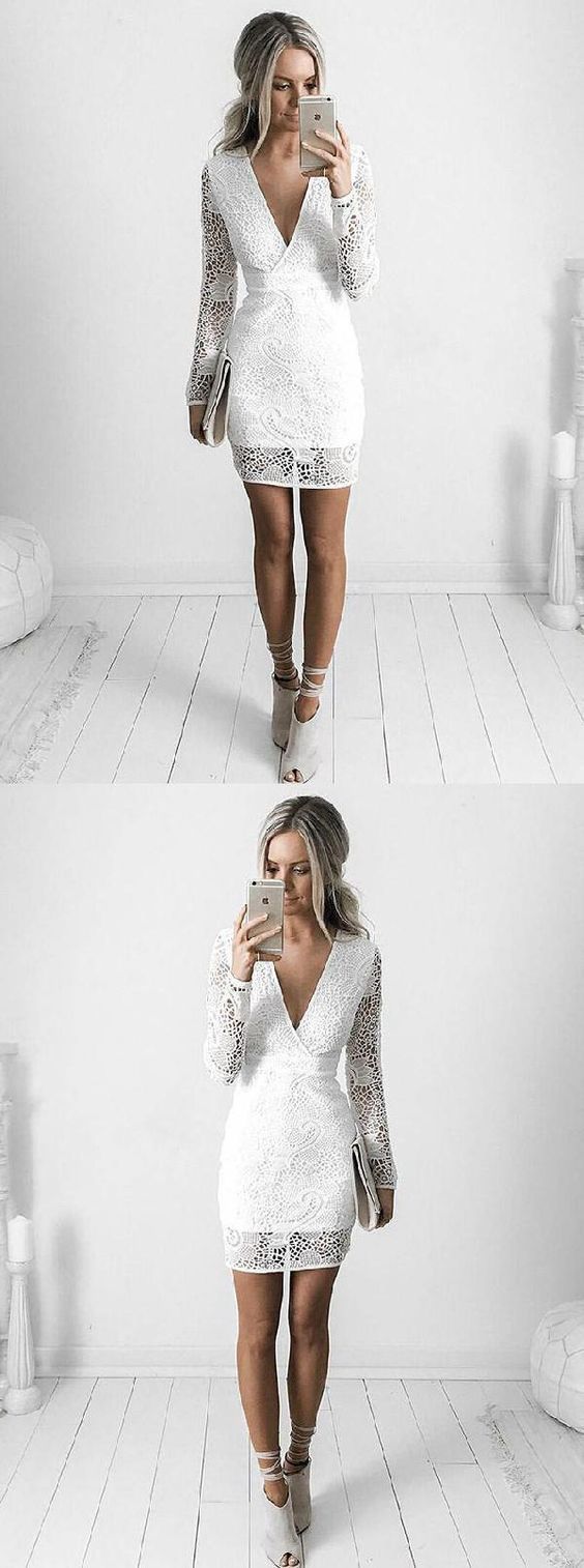 White V-Neck Sheath Short White Dress With Long Cocktail Homecoming Dresses Lace Jaslyn Sleeves DH784