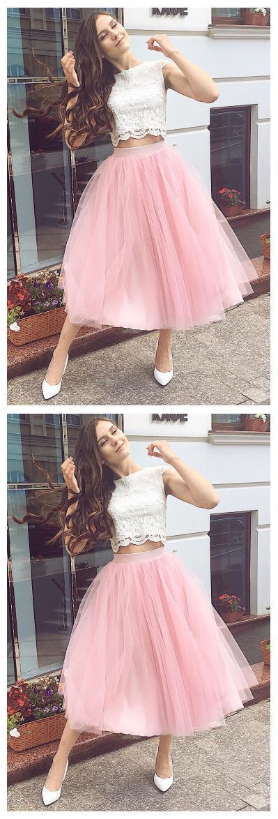 Fashion Two Piece Tulle Party Lace Gisselle Pink Homecoming Dresses Dress CD8030