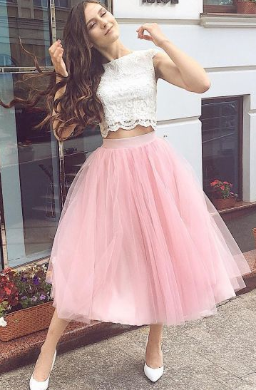 Fashion Two Piece Tulle Party Lace Gisselle Pink Homecoming Dresses Dress CD8030