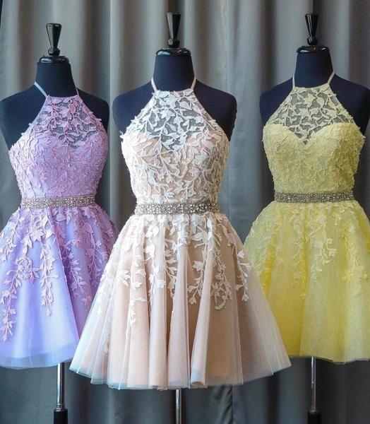 Open Back High Neck Light Anika Homecoming Dresses Lace Yellow Short Dress CD8044