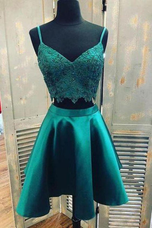 Teal Justice Lace Homecoming Dresses Satin Two Piece With Spaghetti Strap Graduation CD8105