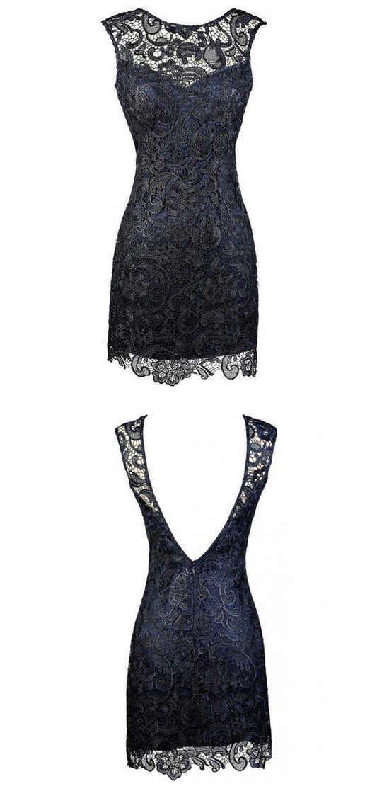 Sheath Bateau Lace Homecoming Dresses Alessandra Backless Short Navy Blue Mother Of The Bride Dress CD819