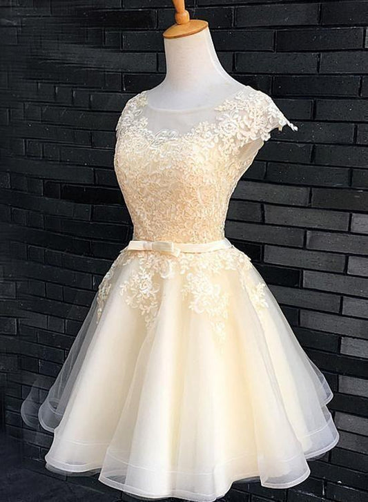 Champagne Cute Lace Izabelle Homecoming Dresses Knee Length Formal Dress Graduation Party Dress CD8472