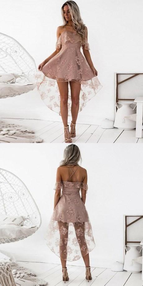 Lace Aleah Homecoming Dresses Fancy Party Dress A-Line Spaghetti Straps High Low Blush With Ruffles DH85