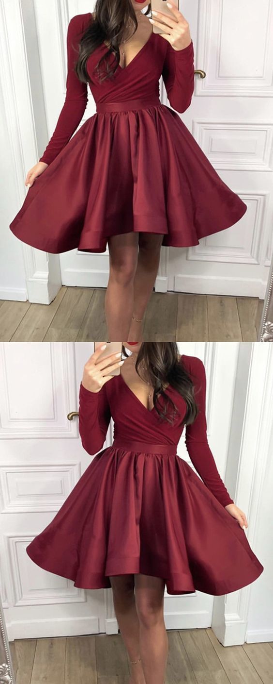 Carlie Homecoming Dresses Satin Long Sleeves Ruffles CD868