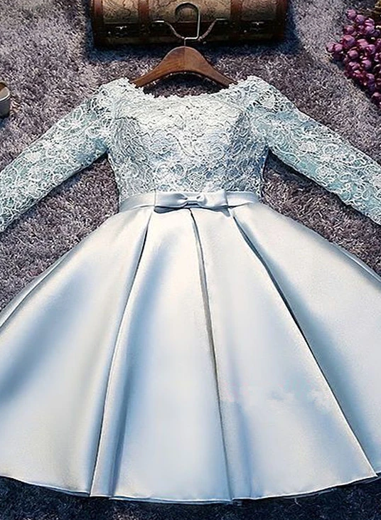 Light Blue And Long Sleeves Party Dress Lace Satin Kirsten Homecoming Dresses Cute Short Graduation DH8766