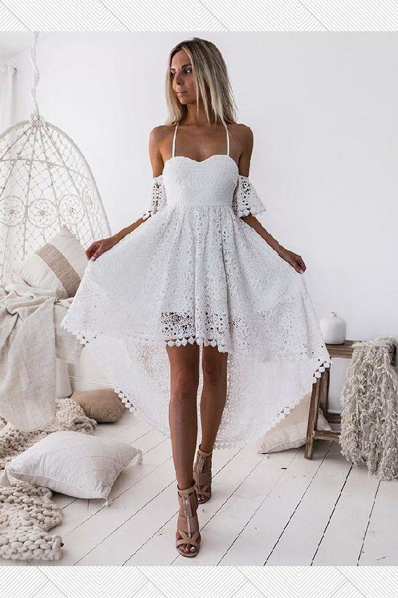 White Party Dress A-Line Spaghetti Straps Short Sleeves High Low White Callie Homecoming Dresses Lace DH87