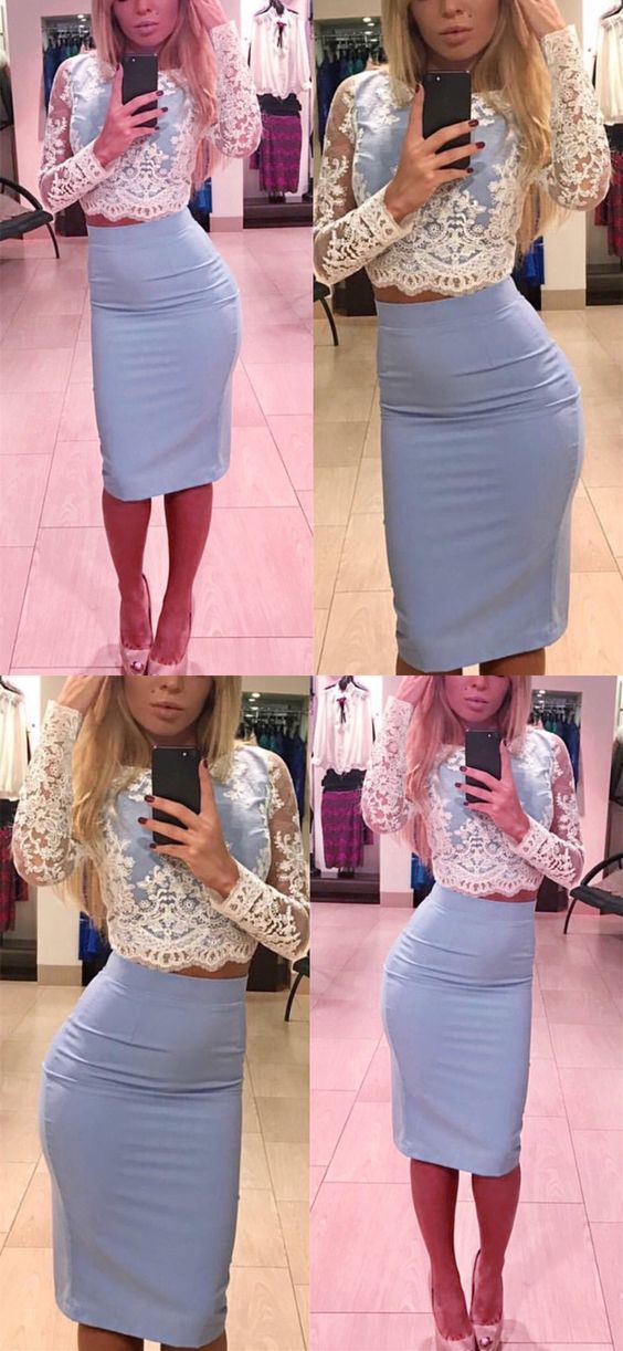 Long Sleeves Homecoming Dresses Lace Kirsten Crop Top Dresses Short Elegant CD880