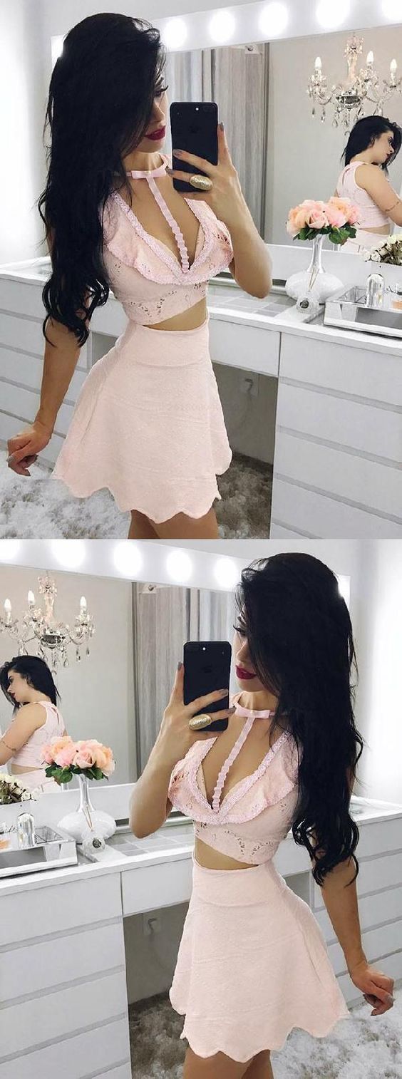 Engrossing Two Piece Pink Homecoming Dresses Katherine Lace CD885