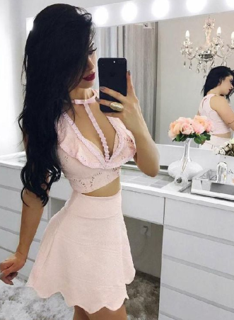 Engrossing Two Piece Pink Homecoming Dresses Katherine Lace CD885