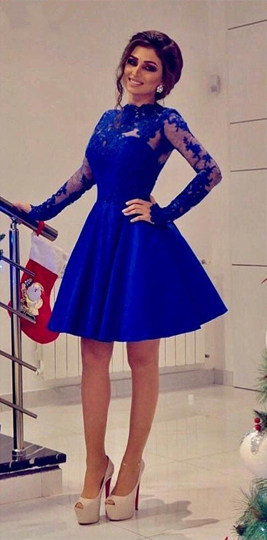 Short Long Sleeves Knee Length For Royal Blue Homecoming Dresses A Line Jakayla Girls CD8897