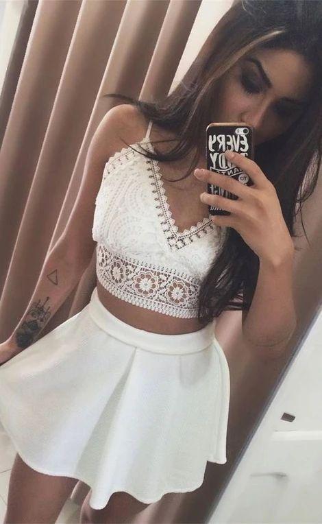 Rosemary Homecoming Dresses Lace Two Piece Spaghetti Straps Short White With CD8957