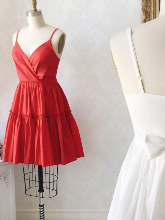 Simple Red Short Rubi Cocktail Satin Homecoming Dresses Dress Red Dress CD9104