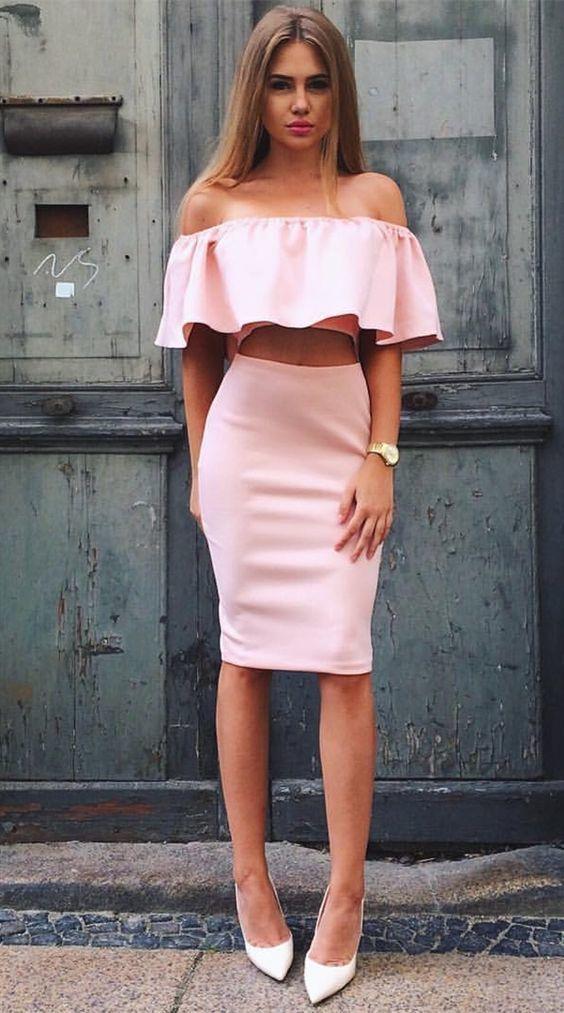 Two Piece Off-The-Shoulder Knee-Length Jade Pink Homecoming Dresses With Ruffles CD916