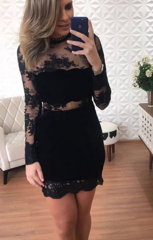 Homecoming Dresses Alivia Lace Black Sheath Long Sleeve See Through CD925