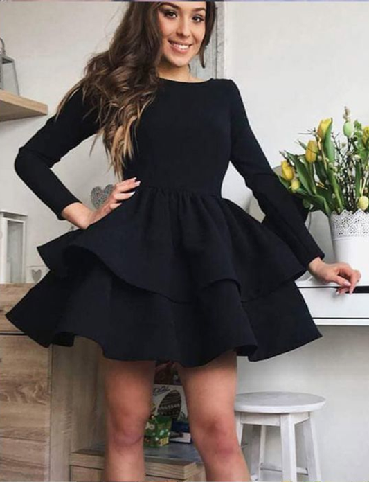 Simple Karley Satin Homecoming Dresses Black Layered With Long Sleeves CD929