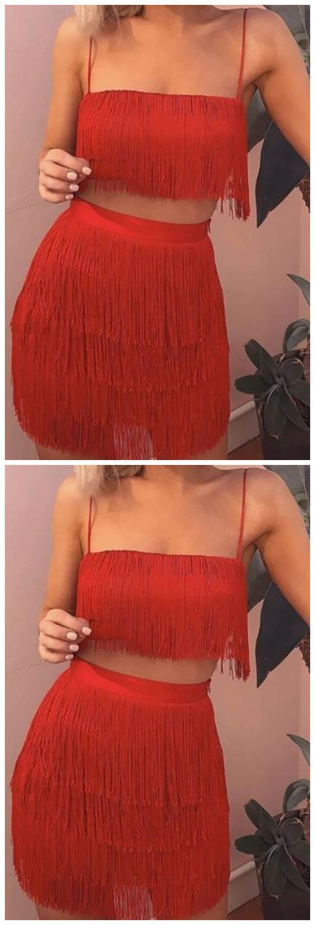 Sleeveless Spaghetti Strap Fringe Crop Top Bodycon Two Piece Mini Homecoming Dresses Shayna CD9312