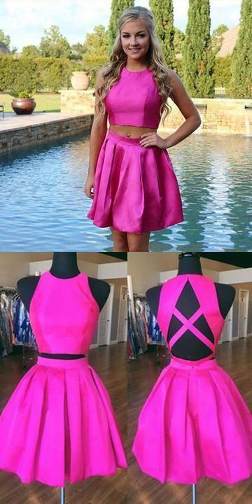 Two Piece A-Line Jewel Open Back Cierra Homecoming Dresses Satin Short With Pleats CD9342