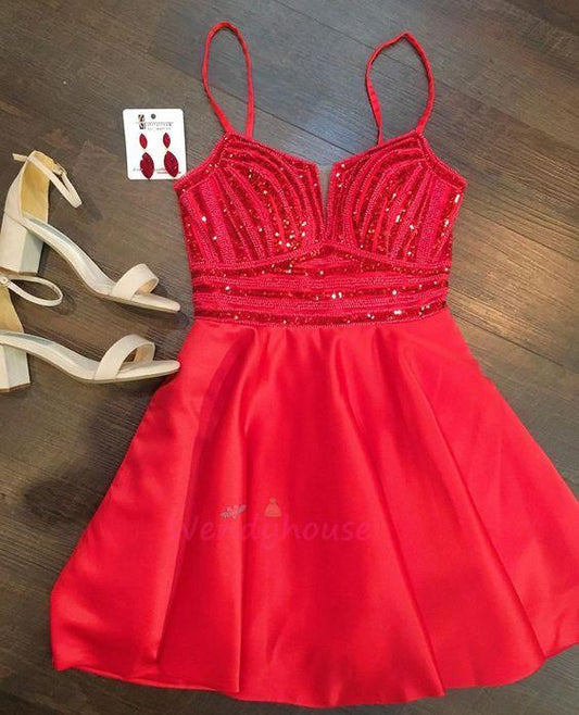 Cocktail Mabel Homecoming Dresses Sexy Red Straps Beaded Short Party Dress Red Dress CD9365