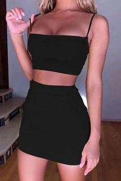 Black Bodycon Sexy Spaghetti Straps Two Piece Homecoming Dresses Cassidy CD9393